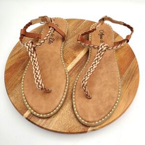 Anna & Elle Flat Sandals Women's 7 Brown & Gold Ankle Strap Braided Dressy EUC